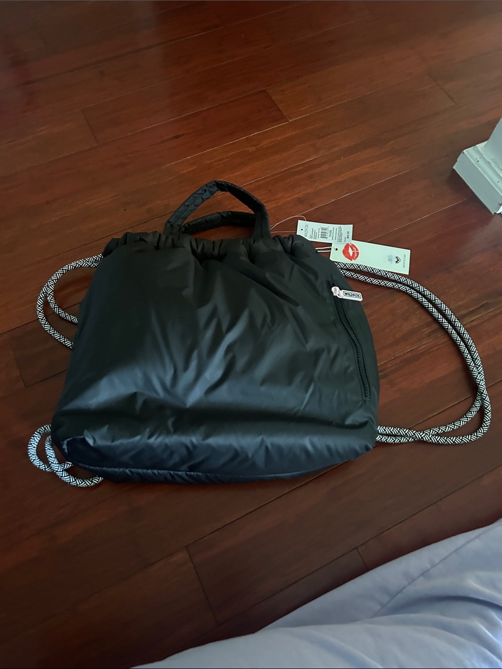 Black Drawstring Nylon Tote with Rope Straps